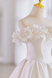 White Satin Long Ball Gown, A-Line Flower Wedding Gown with Bow HZ0429