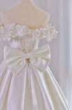 White Satin Long Ball Gown, A-Line Flower Wedding Gown with Bow HZ0429