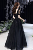 Black Tulle Long A-Line Evening Dress, Black Sweetheart Neck Prom Dress HZ0429
