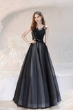 Black Long A-Line Tulle Prom Dress, Lovely Black Evening Dress HZ0429