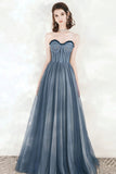Blue Tulle Strapless Long Prom Dresses, A-Line Formal Evening Dresses HZ0429