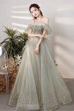 Green Tulle Beaded Long Prom Dress, A-Line Formal Evening Dress HZ0429