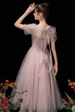 Pink Tulle Beading Tea Length Prom Dresses, A-Line Homecoming Dresses HZ0429