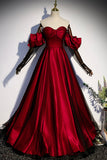 Burgundy Satin Tulle Long Prom Dress, A-Line Sweetheart Neck Evening Dress HZ0429