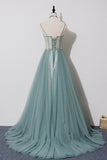 Green Lovely Tulle Straps Long A-Line Prom Dresses, Green Evening Dresses HZ0429