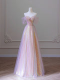 Shiny Tulle Sequins Long Prom Dress, A-Line Off the Shoulder Evening Dress HZ0429