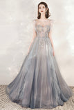 Gray Tulle Beading Long Prom Dresses, A-Line Scoop Neckline Evening Dresses HZ0429