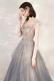 Gray Tulle Beading Long Prom Dresses, A-Line Scoop Neckline Evening Dresses HZ0429
