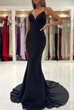 Black V-Neck Long Mermaid Prom Dress, Black Backless Evening Dress HZ0429