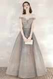 Cute Tulle Sequins Long Prom Dresses, Off the Shoulder Evening Dresses HZ0429