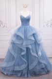 Blue V-Neck Tulle Long Formal Gown, A-Line Blue Evening Dress HZ0429