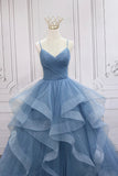 Blue V-Neck Tulle Long Formal Gown, A-Line Blue Evening Dress HZ0429