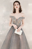 Cute Tulle Sequins Long Prom Dresses, Off the Shoulder Evening Dresses HZ0429