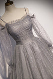 Gray Tulle Sequins Long Prom Dress, Long Sleeve Evening Dress HZ0429