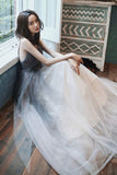 Gray Tulle Long Prom Dress, A-Line Backless Evening Dress HZ0429