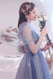 Blue Tulle Beading Long A-Line Prom Dresses, Blue Long Sleeve Evening Dresses HZ0429