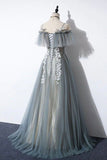 Gray Tulle Lace Long Prom Dress, A-Line Evening Dress HZ0429
