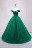 Green Tulle Long A-Line Ball Gown, Off the Shoulder Evening Dress HZ0429