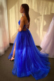 Blue V-Neck Tulle Long Prom Dress, A-Line Backless Evening Dress HZ0429