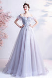 Gray Tulle Off the Shoulder Prom Dress, A-Line Evening Dress HZ0429