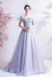 Gray Tulle Off the Shoulder Prom Dress, A-Line Evening Dress HZ0429
