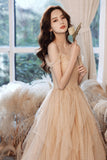 Spaghetti Strap Tulle Sequins Long Evening Dress, A-Line Graduation Dress HZ0429
