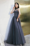 Gray Tulle Beaded Floor Length Prom Dress, A-Line Party Dress HZ0429