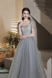 Gray Tulle Beaded Tea Length Prom Dress, A-Line Evening Dress HZ0429