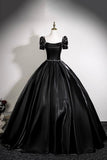 Black Satin Ball Gown with Puff Sleeves Square Neck Formal Evening Dress for Prom HZ0429