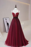 Burgundy Tulle Beaded Long Prom Dress, A-Line Spaghetti Strap Evening Dress HZ0429