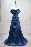 Elegant Navy Blue Off-the-Shoulder Satin Prom Gown with Ruched Bodice HZ0429