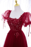 Burgundy Short Sleeve Tulle Tea Length Prom Dress, A-Line Party Dress HZ0429