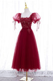 Burgundy Short Sleeve Tulle Tea Length Prom Dress, A-Line Party Dress HZ0429