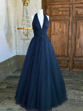 Blue V-Neck Tulle Long Prom Dress, Elegant Backless Evening Party Dress HZ0429