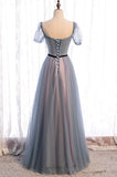 Gray Blue Tulle Long A-Line Prom Dress, Cute Short Sleeve Evening Dress HZ0429