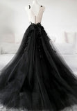 Black Tulle Lace Long Prom Dress, Black Formal Graduation Dress HZ0429