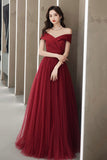 Burgundy Tulle Floor Length Prom Dress, Off the Shoulder Party Dress HZ0429