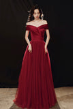 Burgundy Tulle Floor Length Prom Dress, Off the Shoulder Party Dress HZ0429
