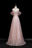 Pink Off-the-Shoulder Sequin Prom Dress, Sparkly A-Line Evening Gown with Tulle Sleeves HZ0429