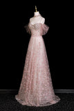 Pink Off-the-Shoulder Sequin Prom Dress, Sparkly A-Line Evening Gown with Tulle Sleeves HZ0429