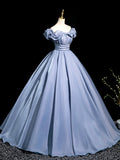 Blue Tulle Pleated Long Prom Dress, Elegant A-Line Evening Party Dress HZ0429