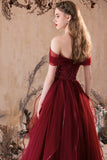 Burgundy Tulle Sequins Long Prom Dress, Beautiful A-Line Party Dress HZ0429