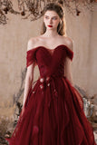 Burgundy Tulle Sequins Long Prom Dress, Beautiful A-Line Party Dress HZ0429