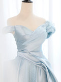 Blue Satin Tulle Long Prom Dress, Off Shoulder Formal Evening Dress HZ0429