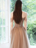 Off Shoulder Tulle Sequins Long Prom Dress, A-Line Formal Dress HZ0429