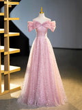 Sparkly Off-Shoulder Sequins Floor Length Formal Dress, Beautiful Pink Prom Dress HZ0429