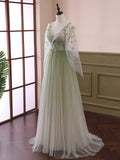 Light Green Tulle Long Sleeve Prom Dress, Green Gradient Floor Length Evening Dress HZ0429