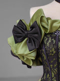 Green Satin Lace Long Prom Dress, Beautiful A-Line Evening Dress with Bow HZ0429