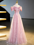 Sparkly Off-Shoulder Sequins Floor Length Formal Dress, Beautiful Pink Prom Dress HZ0429