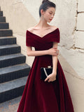 Burgundy V-Neck Velvet Long Prom Dress, Off Shoulder Evening Party Dress HZ0429